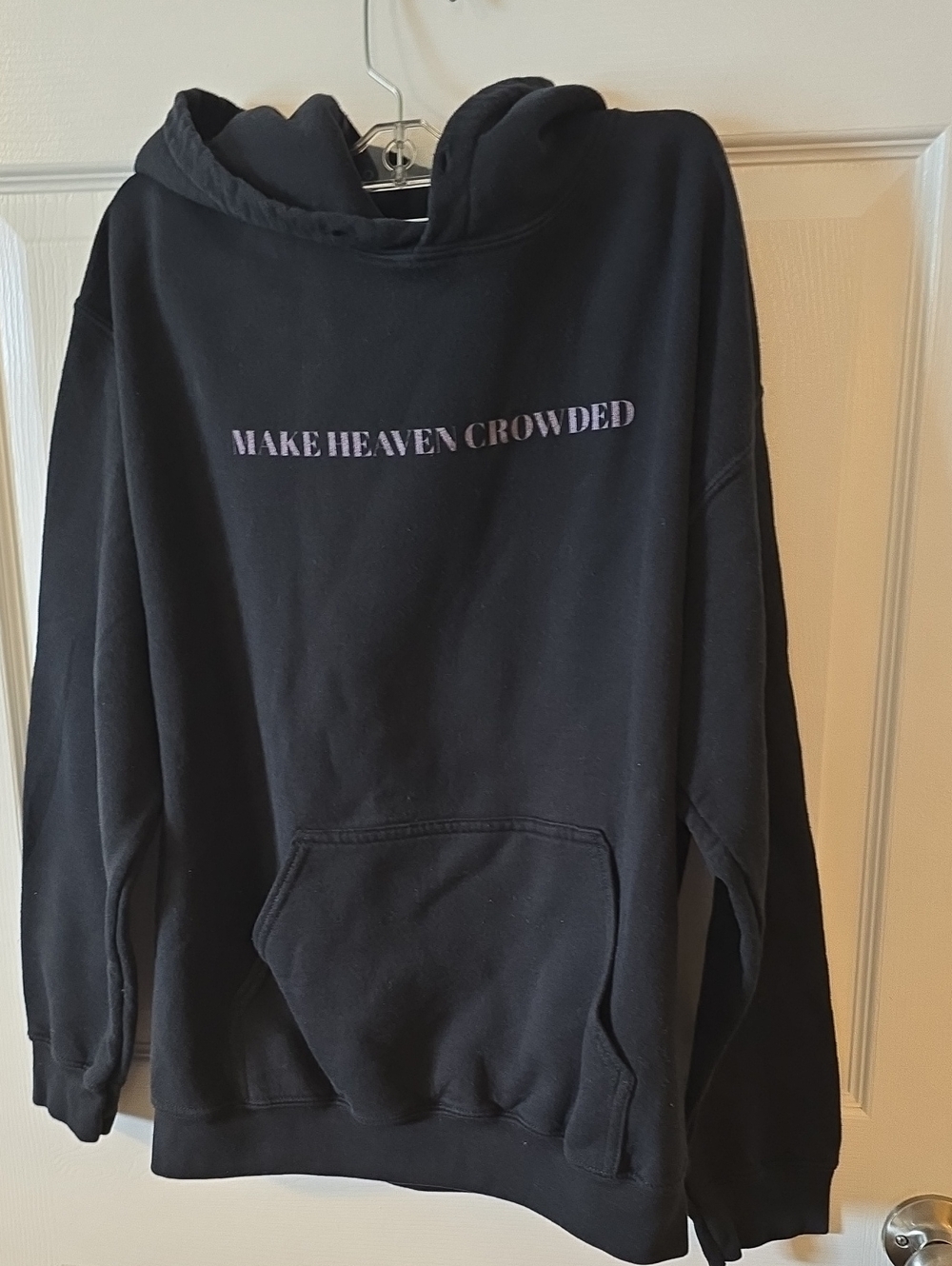 Gildan Black Hoodie with Lavender Text